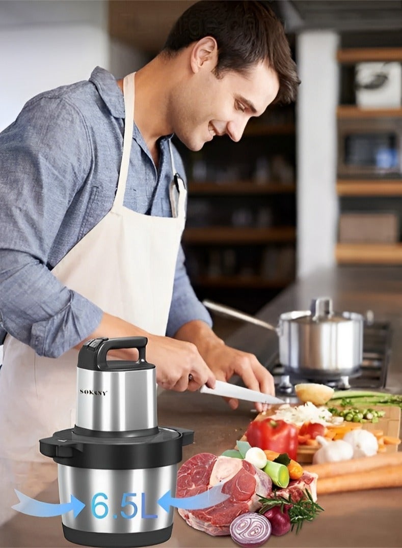 سوكاني مفرمة مطبخ كهربائية بقوة 1500 واط، مع وعاء من الفولاذ المقاوم للصدأ سعة 6.5 لتر، مفرمة متعددة مع 3 مستويات سرعة، مفرمة لحوم مع 4 شفرات للحوم والبصل والفواكه والخضروات - Image 2